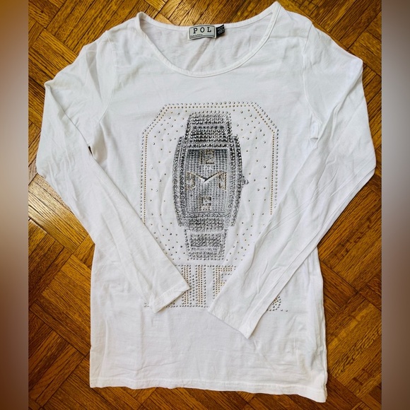 POL White Long Sleeve Graphic Tee With Bling Studs Size Medium NWOT - Picture 3 of 8